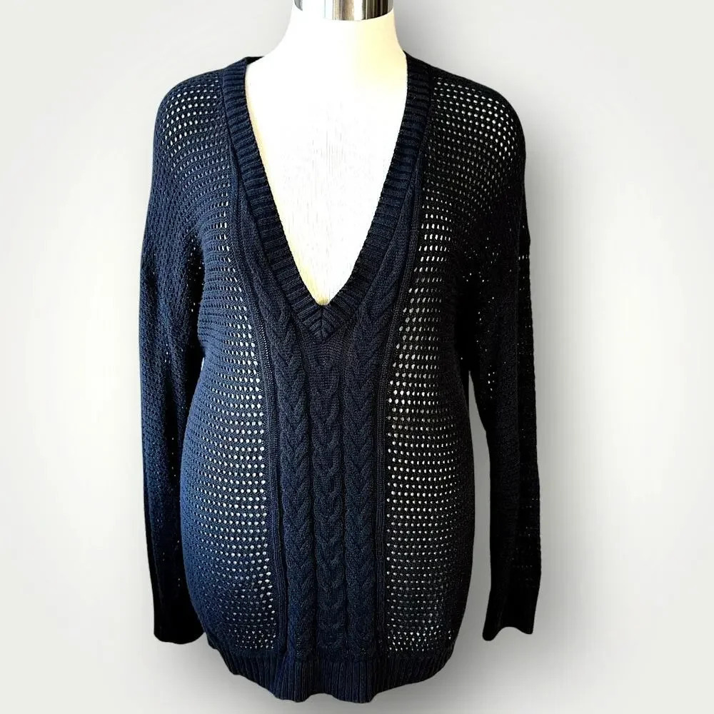Lane Bryant Long Sleeves V Neck Cable Open Knit Tunic Sweater Size 18/20 Black